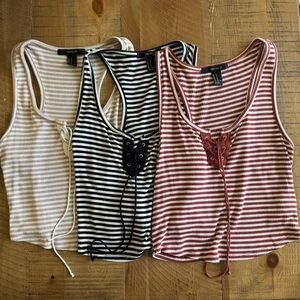 Forever 21 Striped Lace-Up Crop Top Tank Tops - Cream, Black, Burnt Orange Red